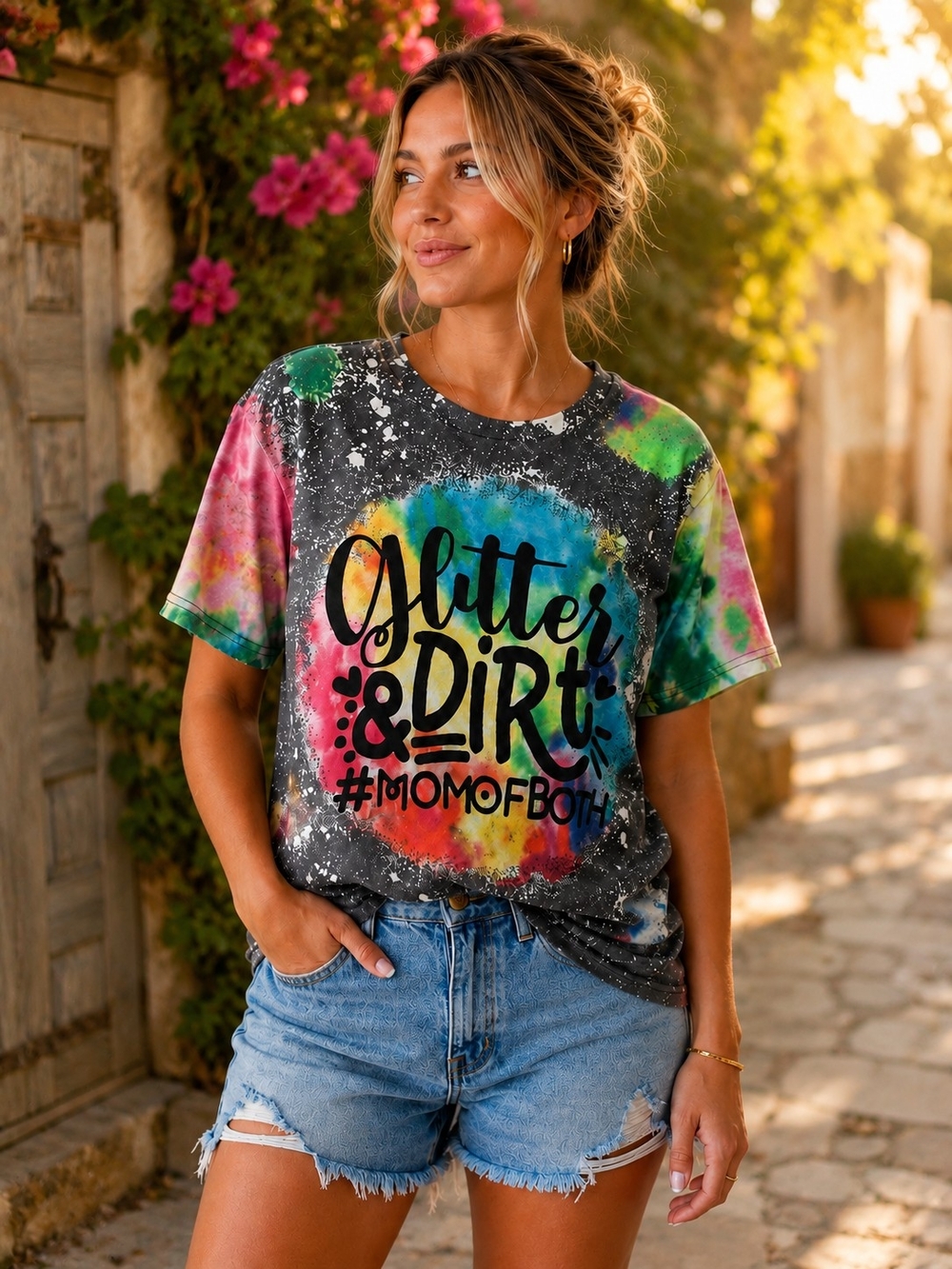 Glitter & Dirt Mom Of Both Tie-Dye Short Sleeve Tee Women's Size L